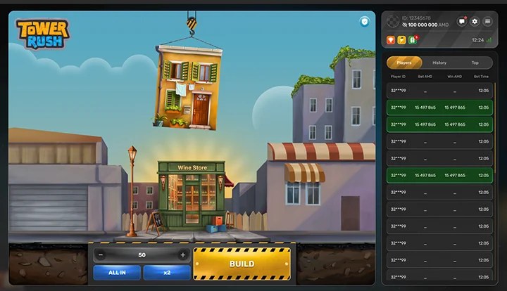 Tower Rush gameplay screen with the build control, rising floors and multiplier panel